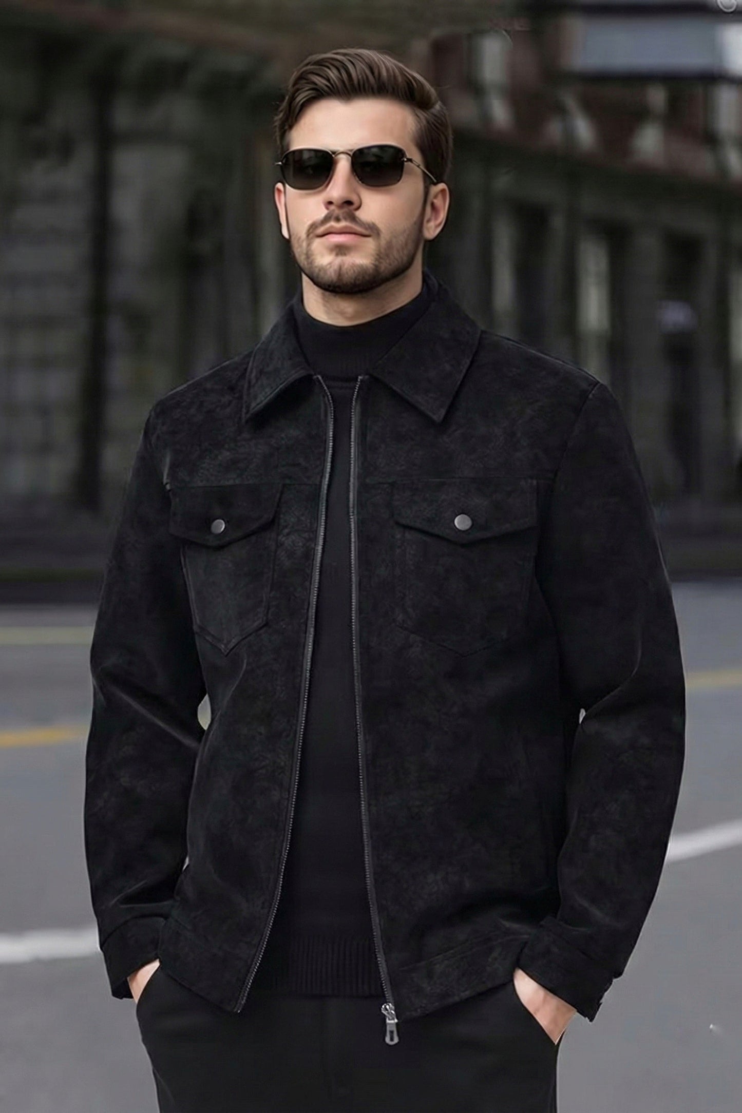 Suede Faux Leather Jacket - Black