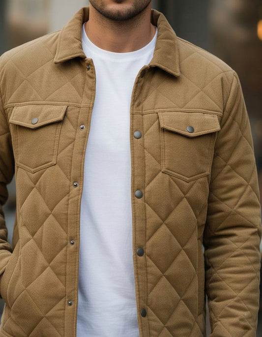 Corduroy Quilted Shacket - Khaki