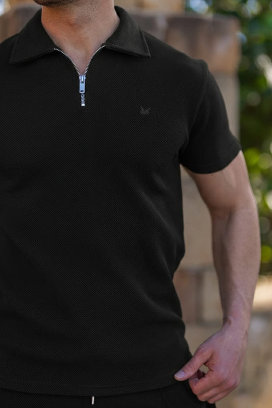 HoneyComb Knit Cotton Polo in Black