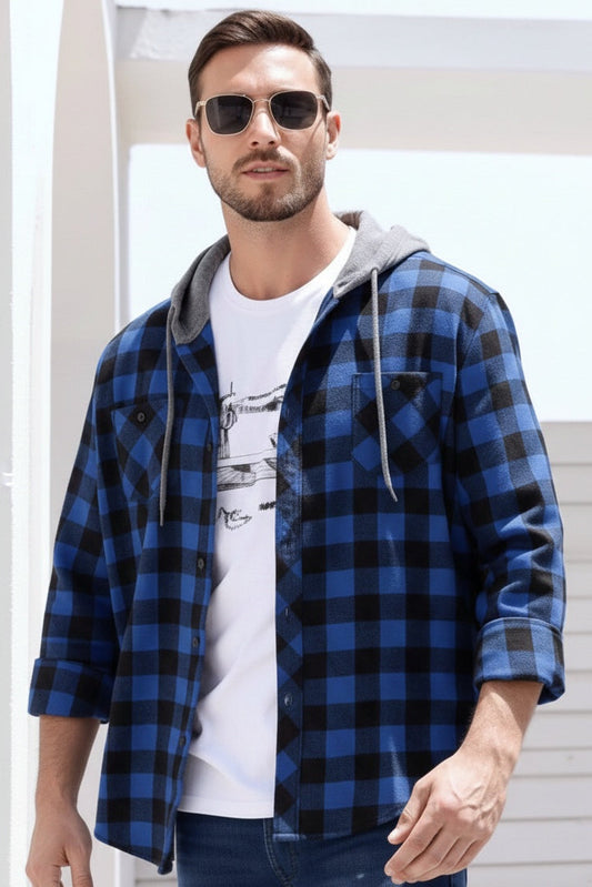 Flannel Hooded Shacket - Blue