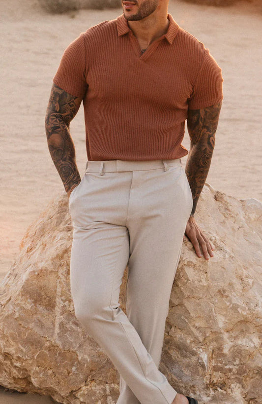 Azure Ribbed Texture Polo - Rust