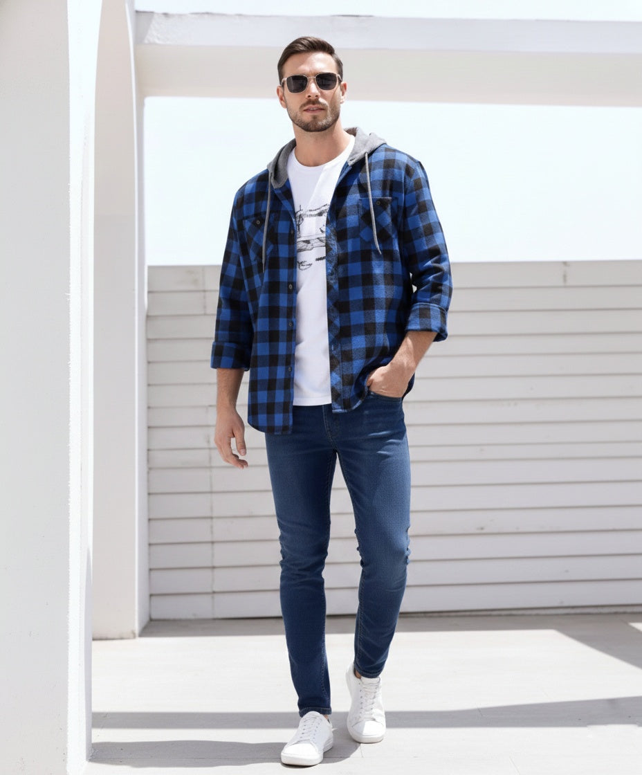 Flannel Hooded Shacket - Blue