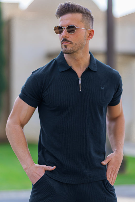 Textured Pk Cotton polo - Navy
