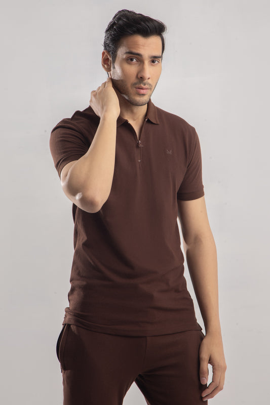 Limitless All Brown Zip Cotton Polo