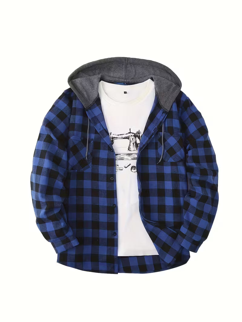 Flannel Hooded Shacket - Blue