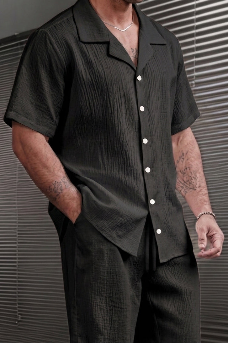 marbella Crinkle Textured Poly Cotton Shirt - Black
