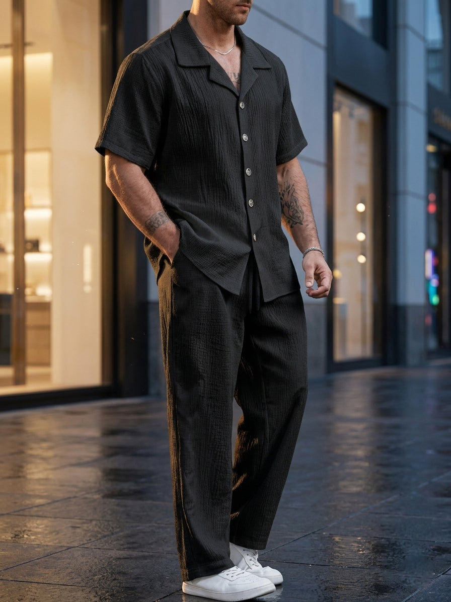marbella Crinkle Textured Poly Cotton Shirt - Black