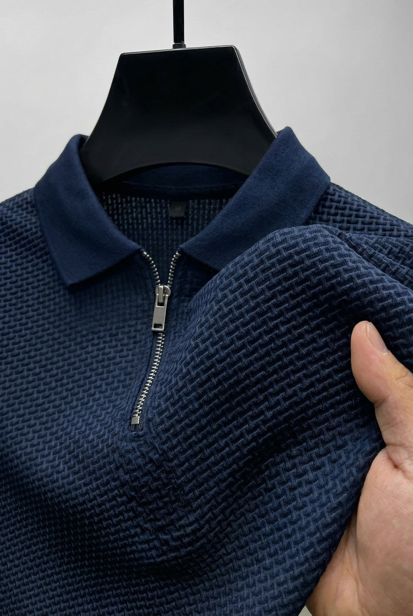 Waffle Bubble Texture Cotton Polo - Navy