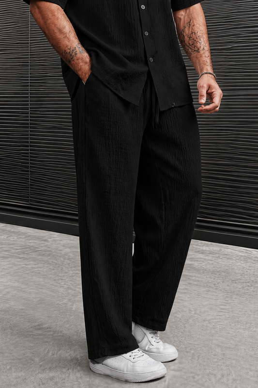marbella Crinkle Textured Poly Cotton Pants - Black