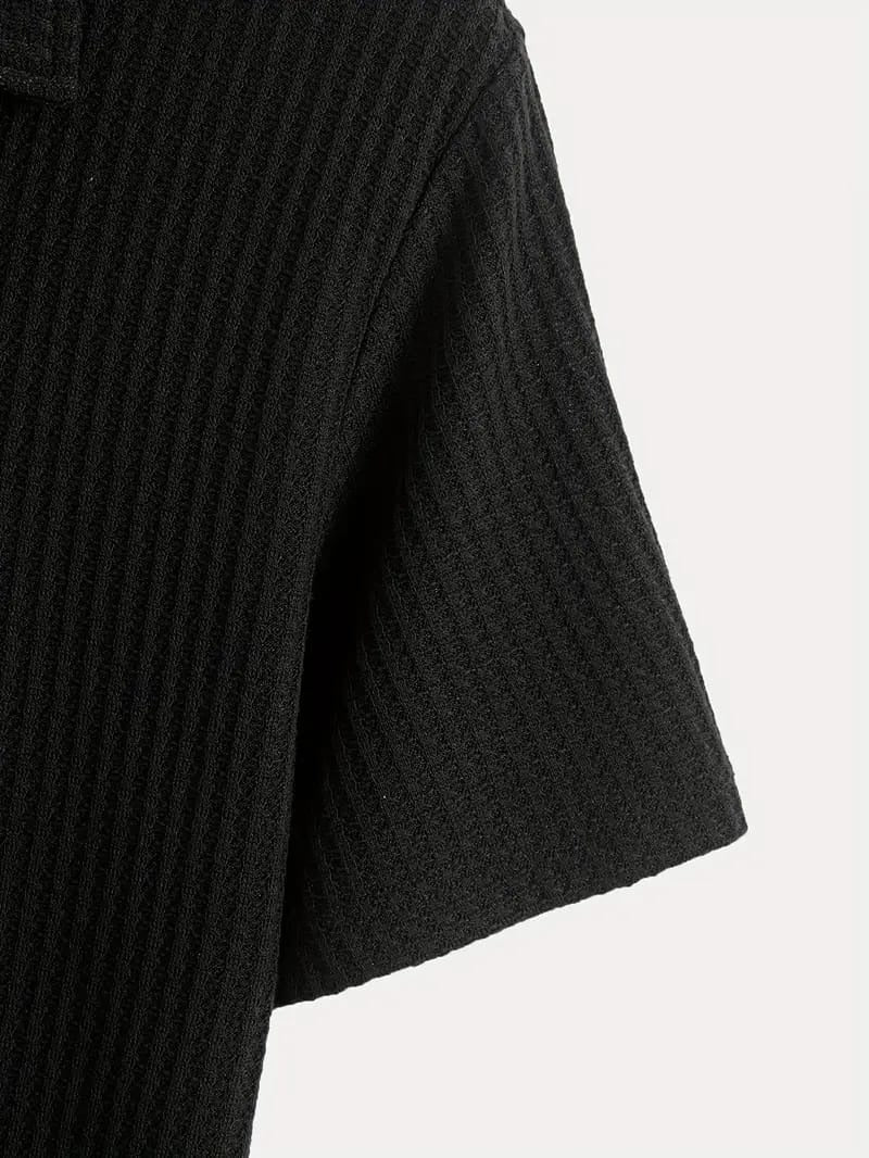 Waffle Bubble Texture Cotton Polo - Black