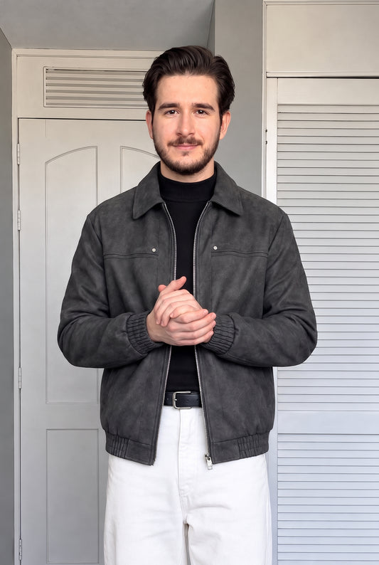 Suede Leather Jacket - Grey