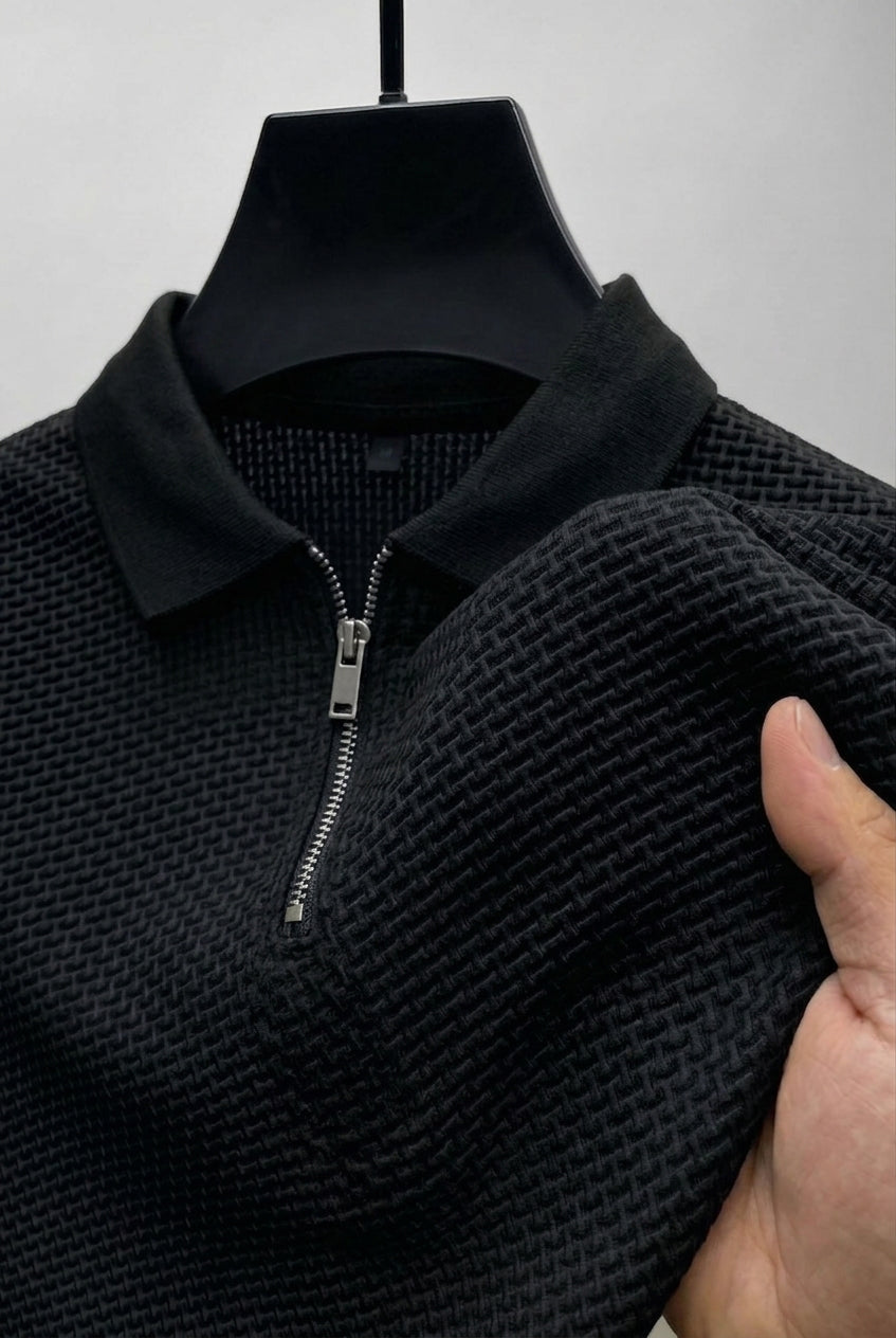 Waffle Bubble Texture Cotton Polo - Black