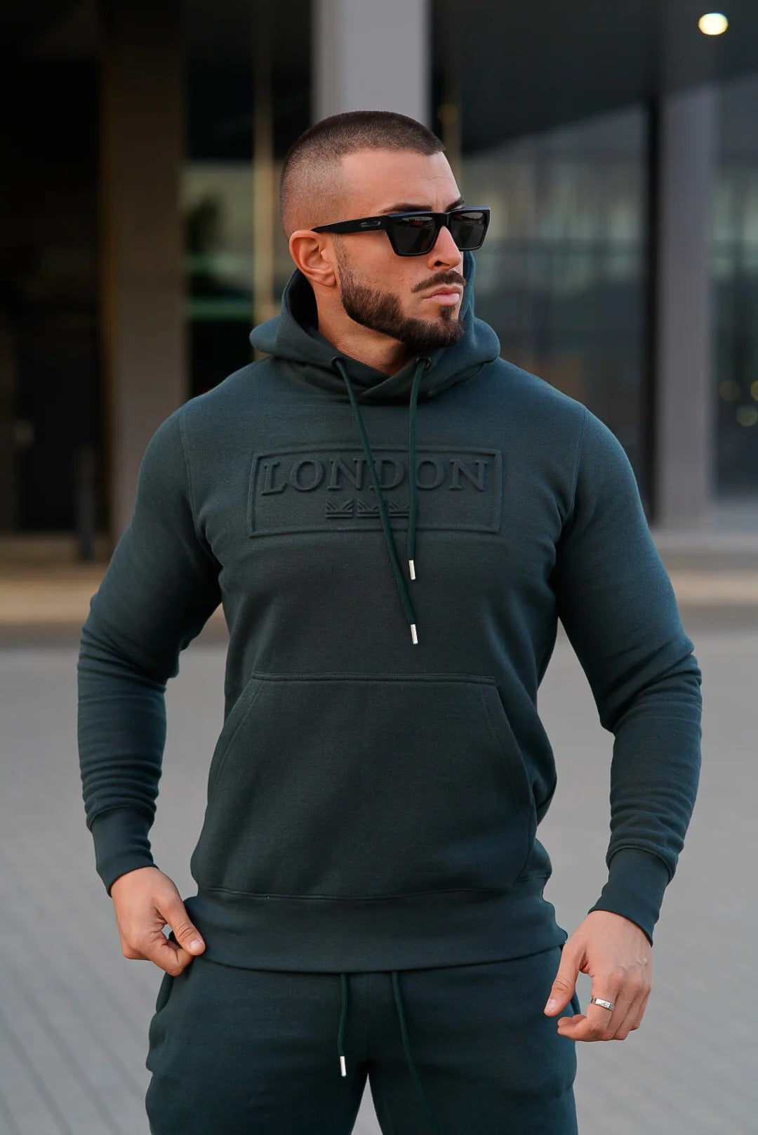 Embossed  Cotton  Hoodie - Teal-Green