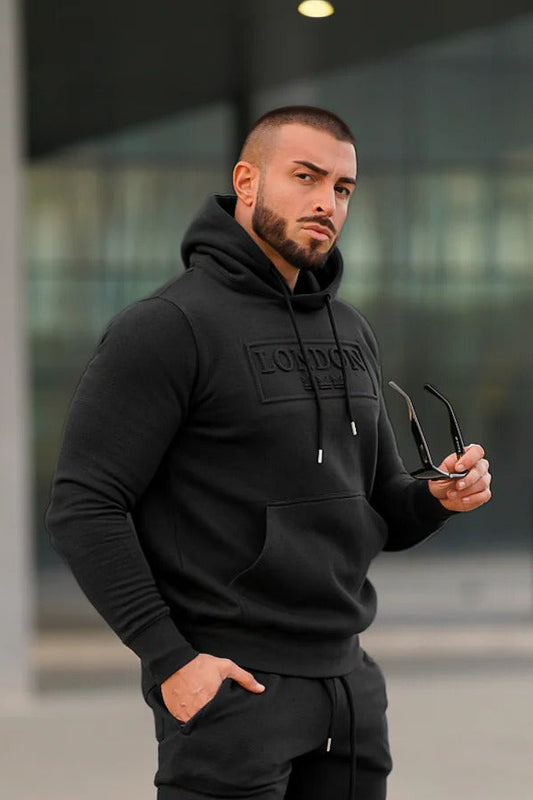 Embossed  Cotton  Hoodie - Black
