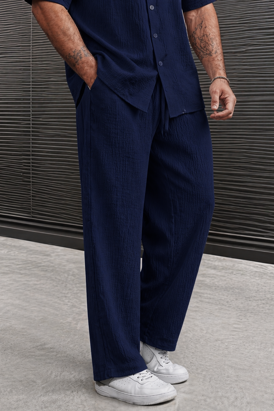 marbella Crinkle Textured Poly Cotton Pants - Navy