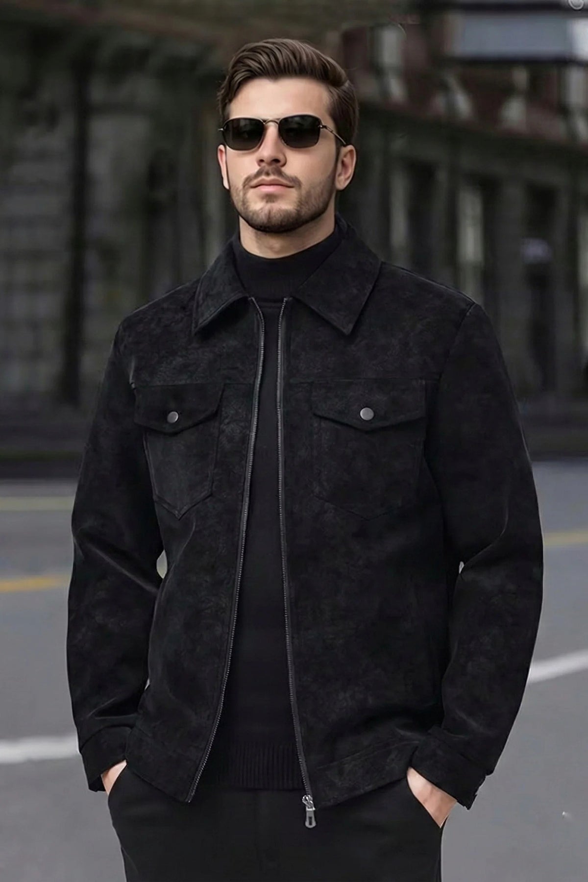 Suede Faux Leather Jacket - Black
