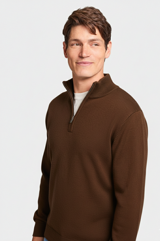 Quarter Zip Rib Knit Sweater - Chocolate Brown