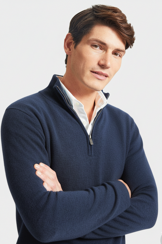 Quarter Zip Rib Knit Sweater - Sea Blue