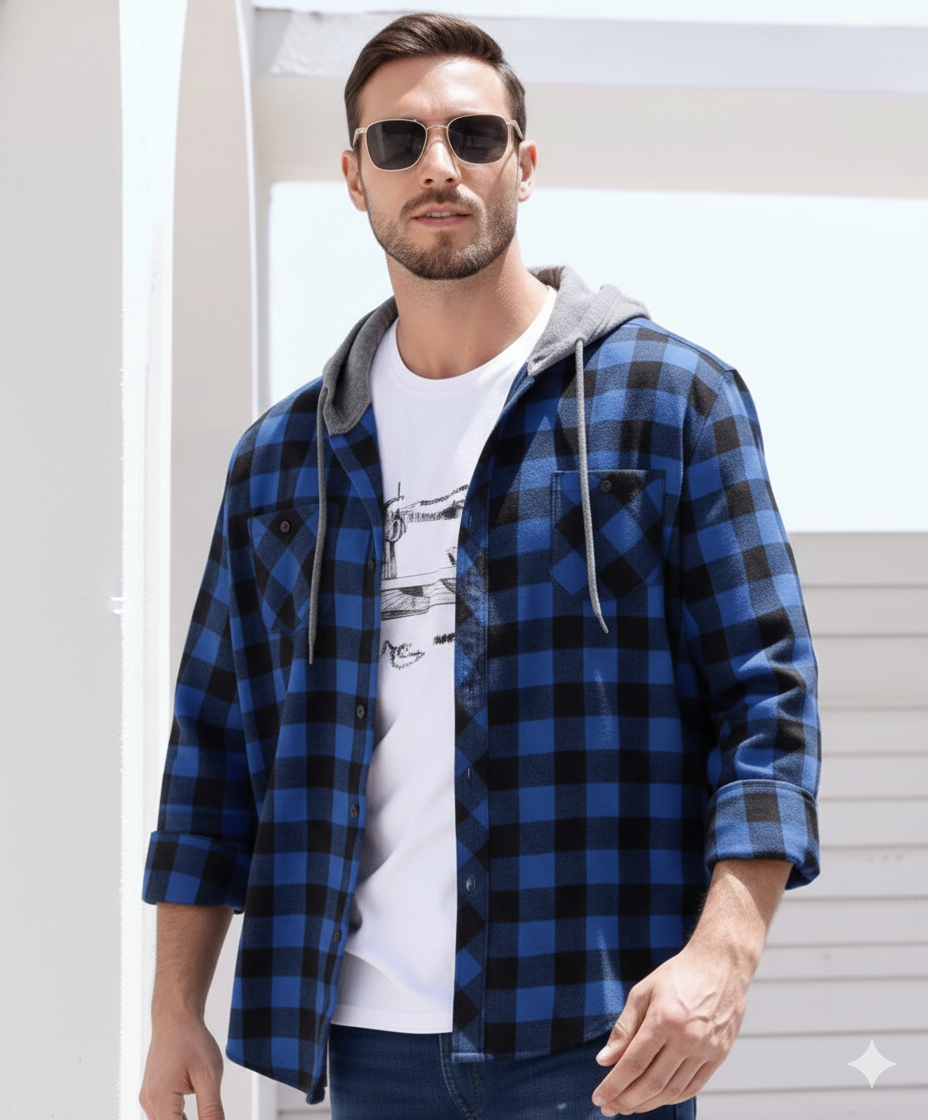 Flannel Hooded Shahcket - Blue