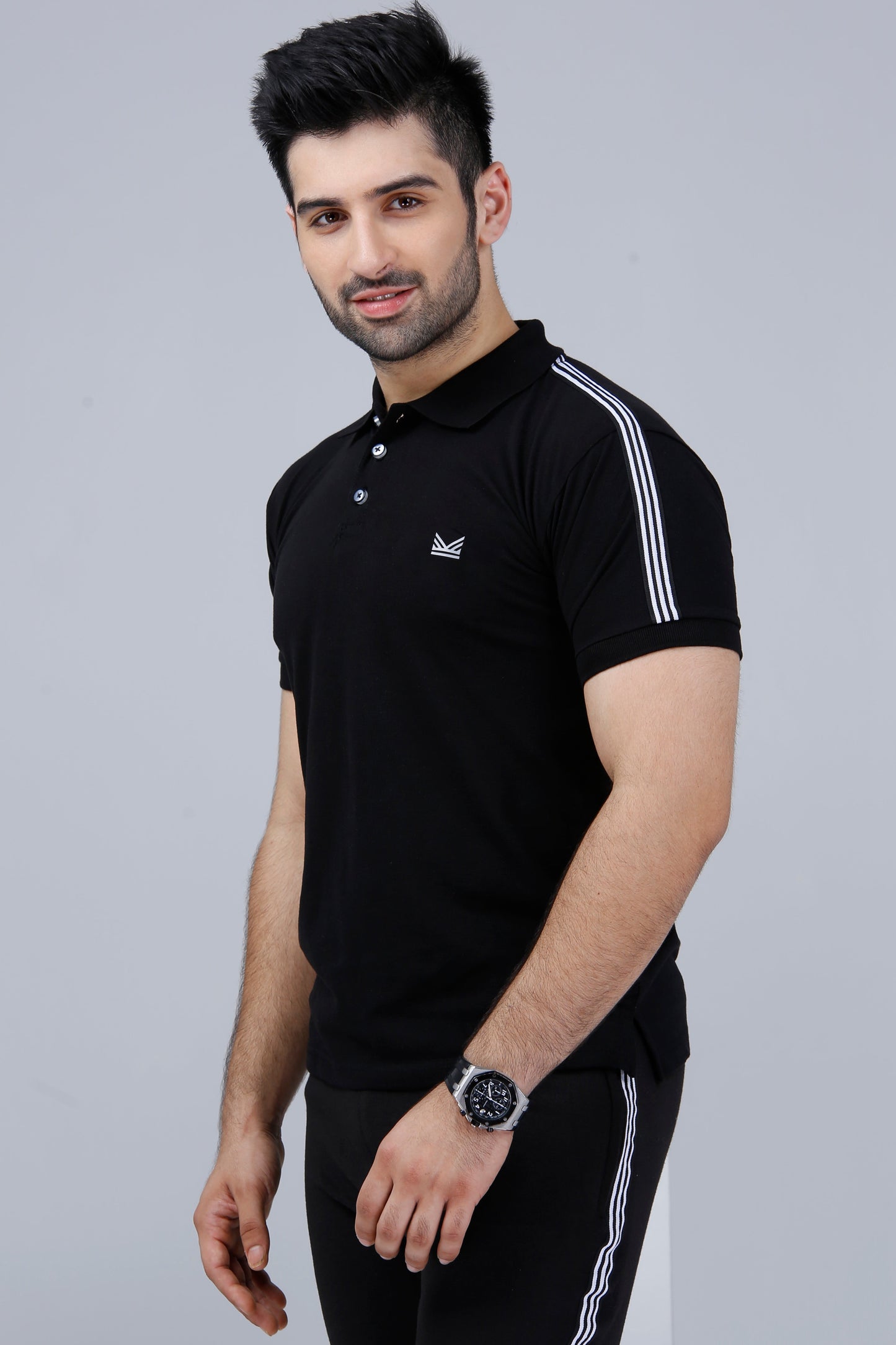 3 Strip Cotton Polo - Black