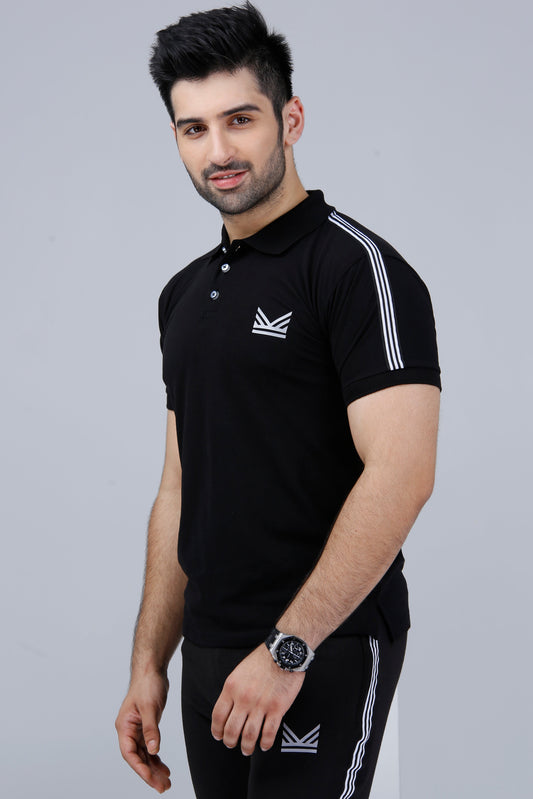 3 Strip Cotton Polo - Black