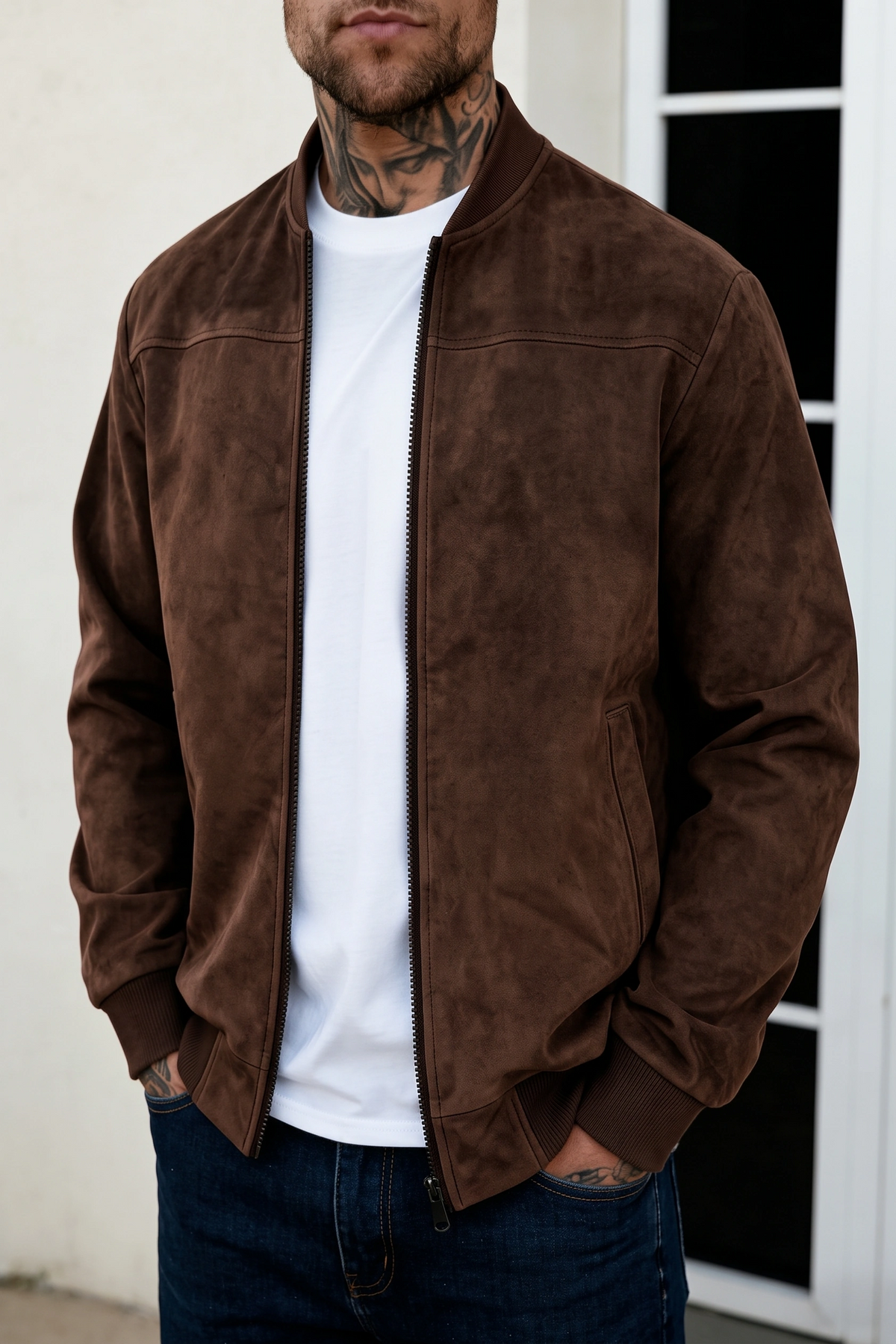 Suede Leather Jacket - Chocolate-brown