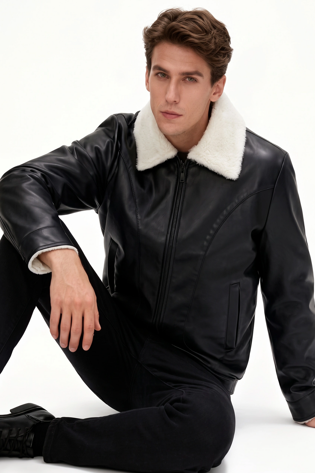 JS-19 Black leather jacket with black inner, furr collar