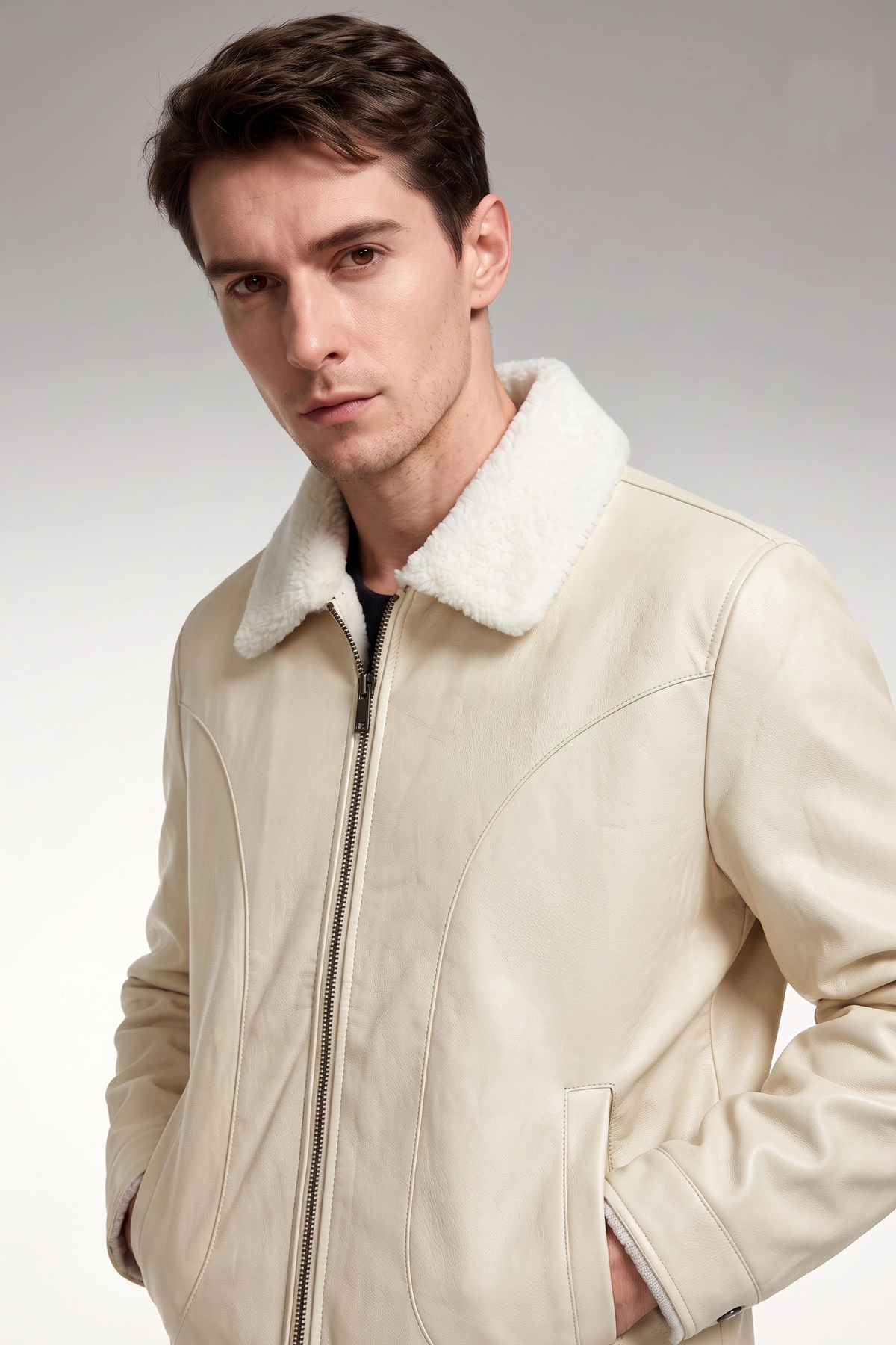 JS-14 Cream leather jacket with black inner, white furr collar