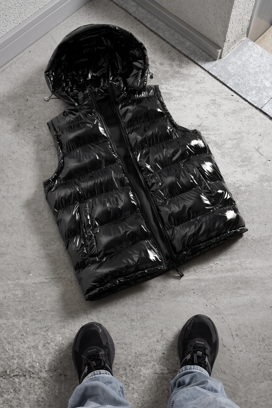 Nylon Gilet Removable Hoodie Jacket - Black