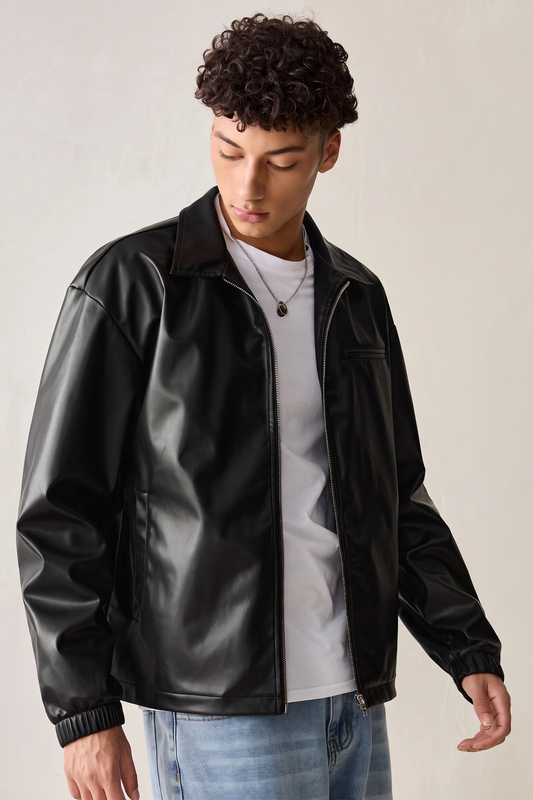 Black leather hoodie with bon pocket, silver brass zip,