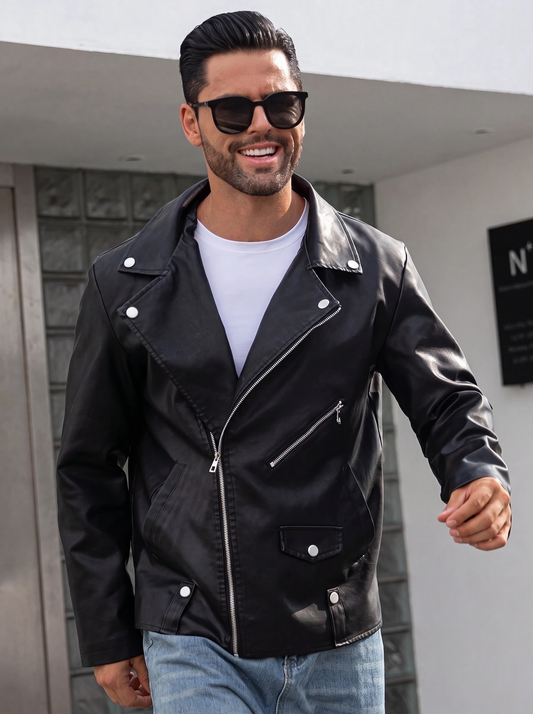JS-34 Black leather jacket with silver shine metal zip