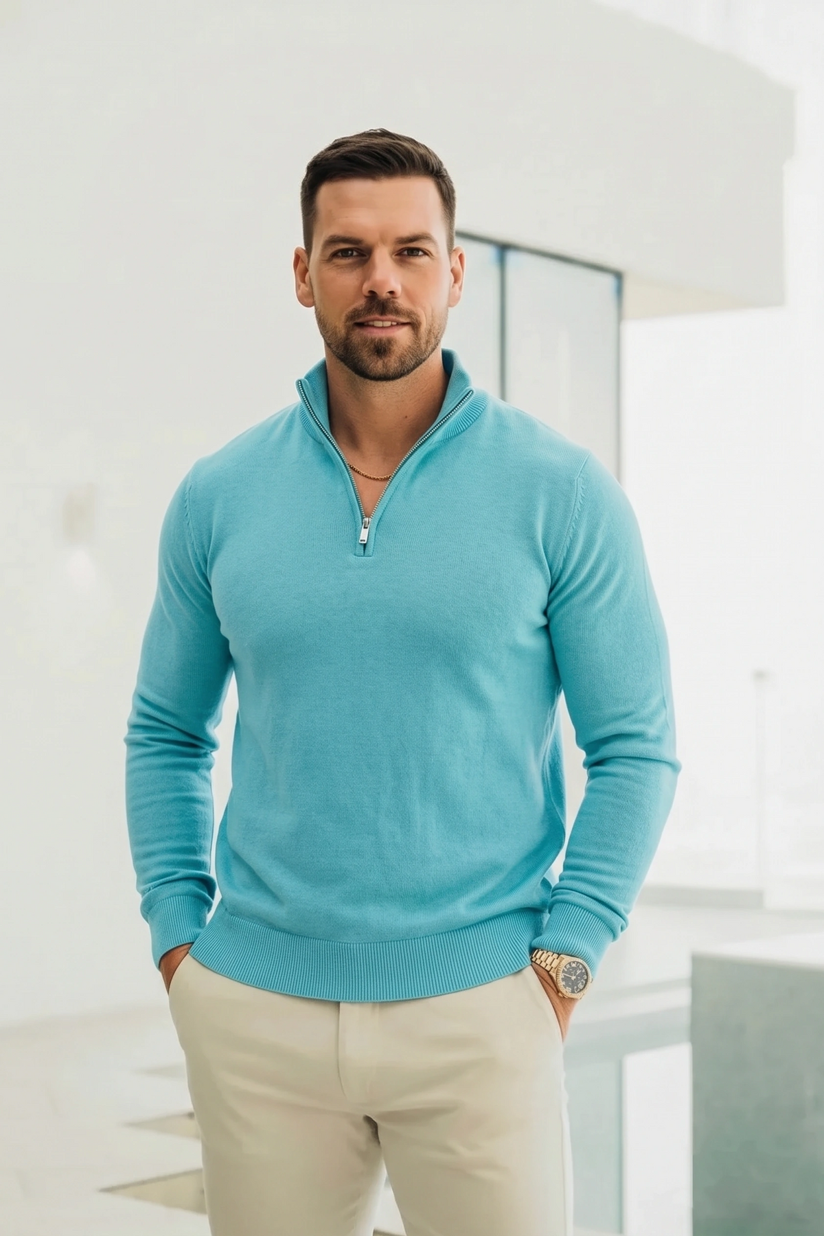 Mockneck Zip Sweater - Mint Blue