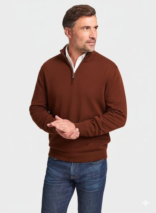 Quarter Zip Rib Knit Sweater - Peach Brown