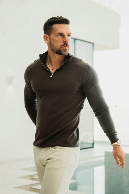 Quarter Zip Rib Knit Sweater - Solid grey