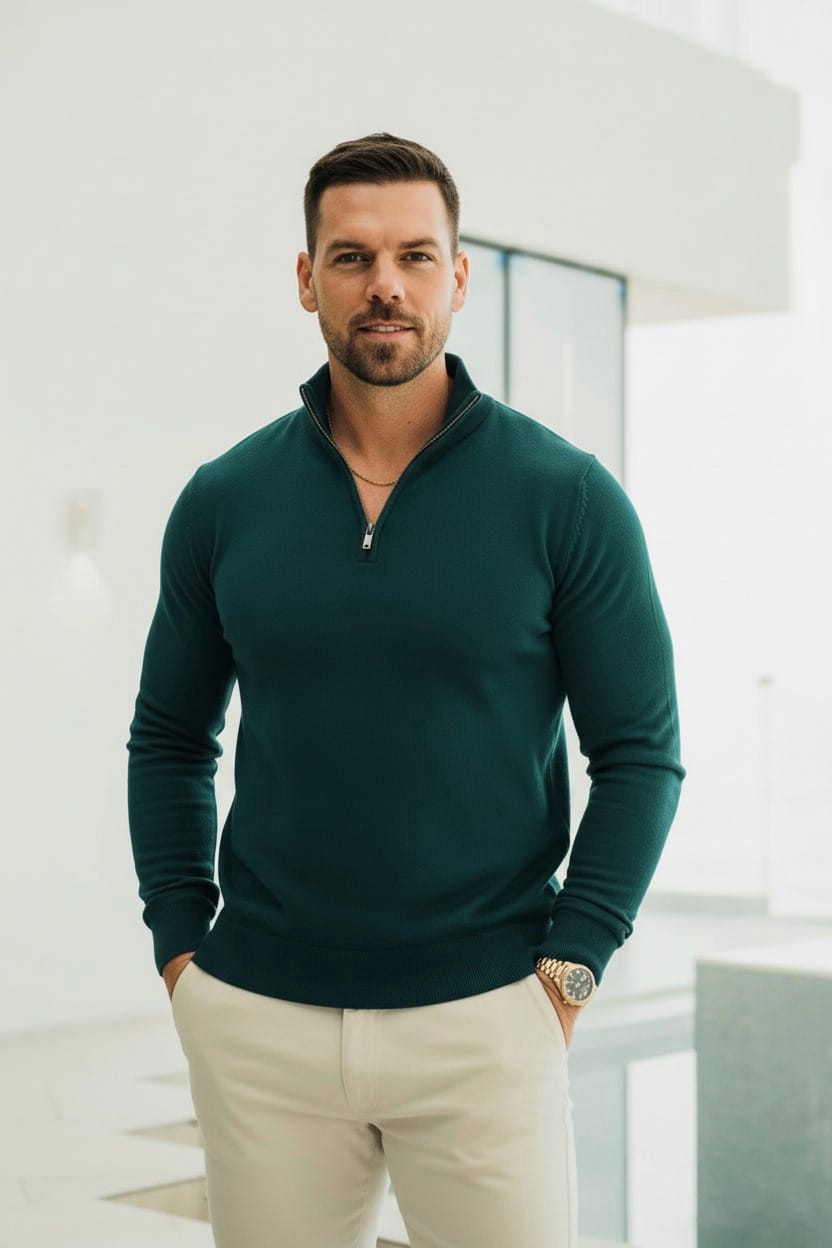 Quarter Zip Rib Knit Sweater - Teal Green