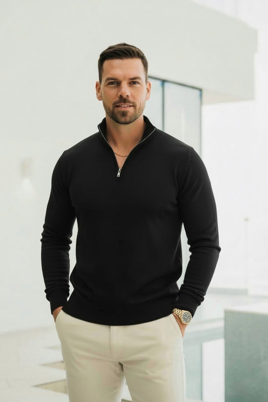 Quarter Zip Rib Knit Sweater - Black