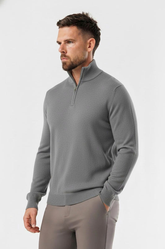 Quarter Zip Rib Knit Sweater -  Silver
