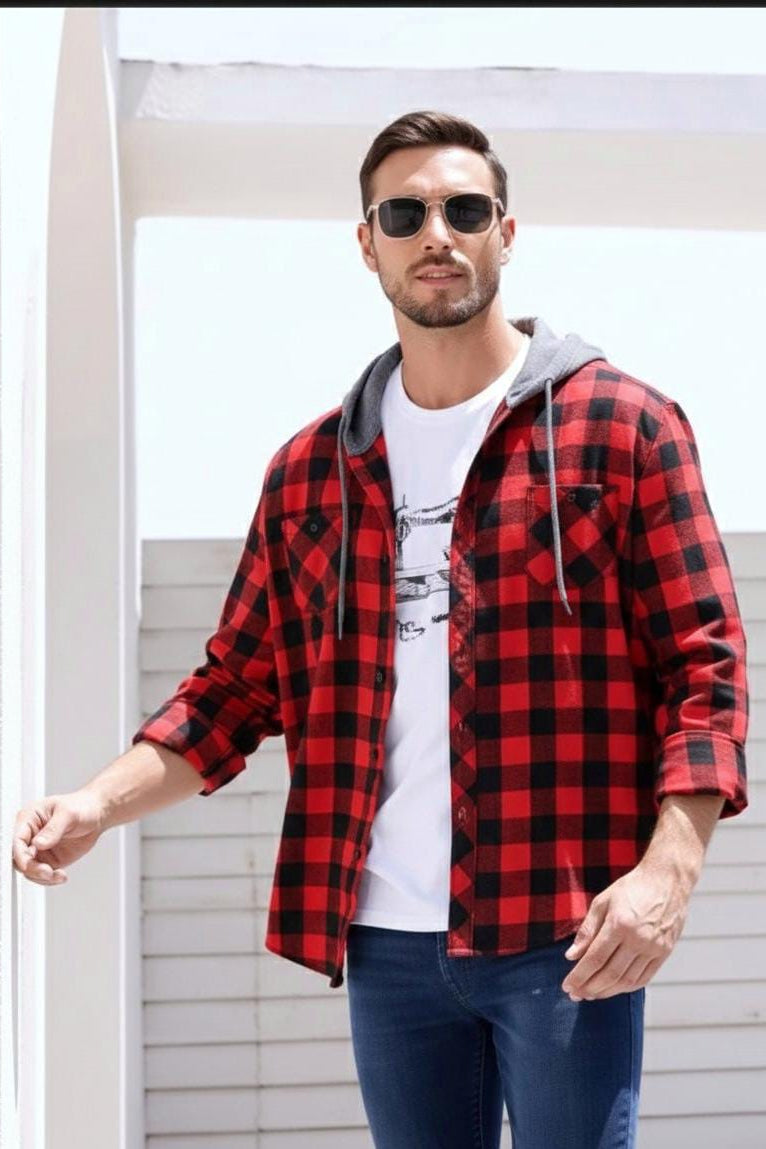 Flannel Hooded Shacket - Red