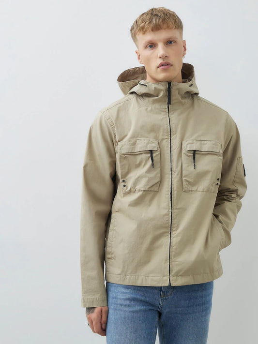 Beige Hooded Cargo Shacket