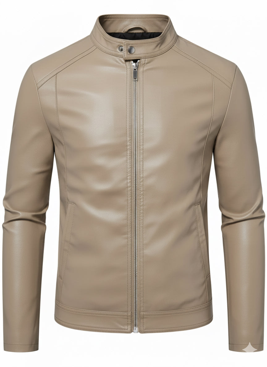 Classic Fit Faux Leather Jacket - Cream