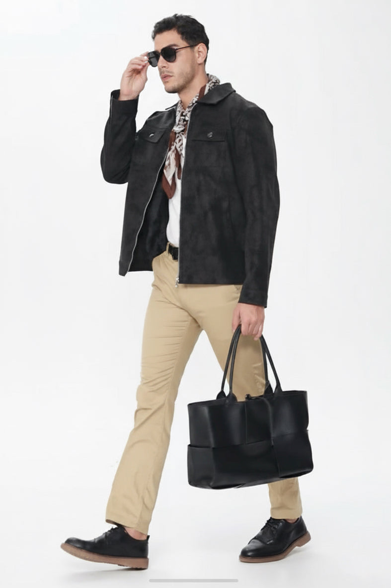 Suede Faux Leather Jacket - Black
