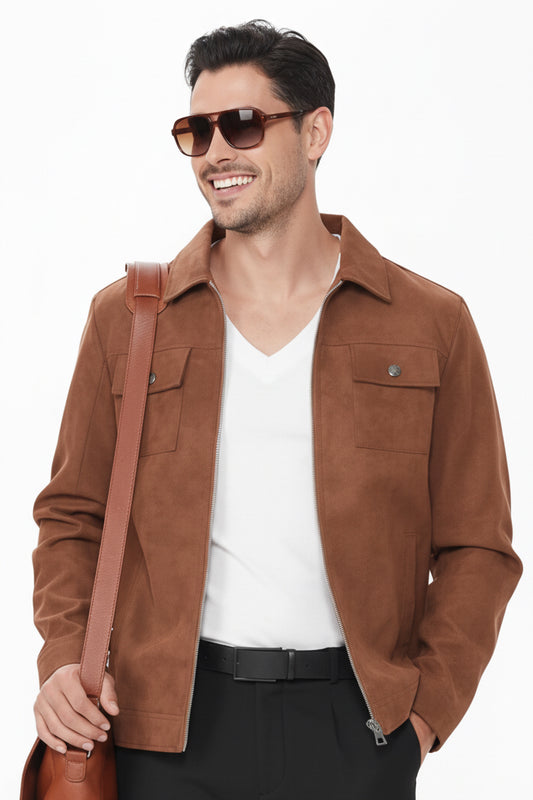 Suede Faux Leather Jacket - Camel Twotone