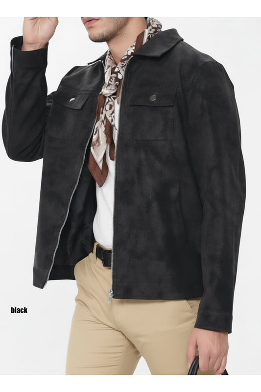Suede Faux Leather Jacket - Black