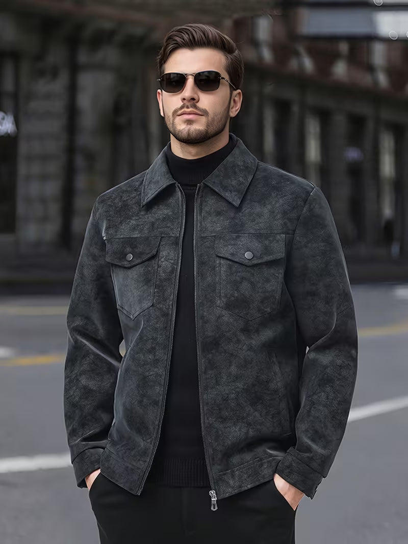 Suede Faux Leather Jacket - Light Grey Twotone