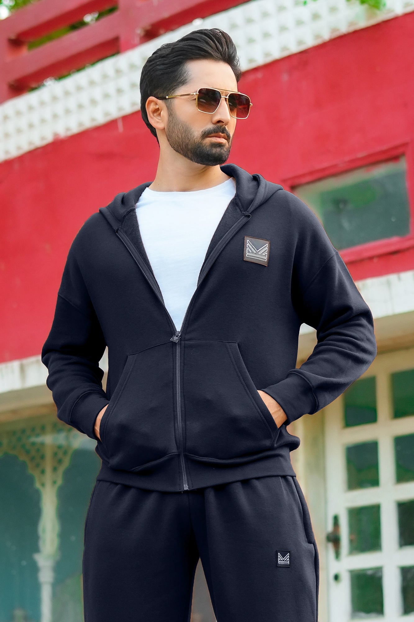 Navy  3D logo Dropshoulder Cotton Hoodie