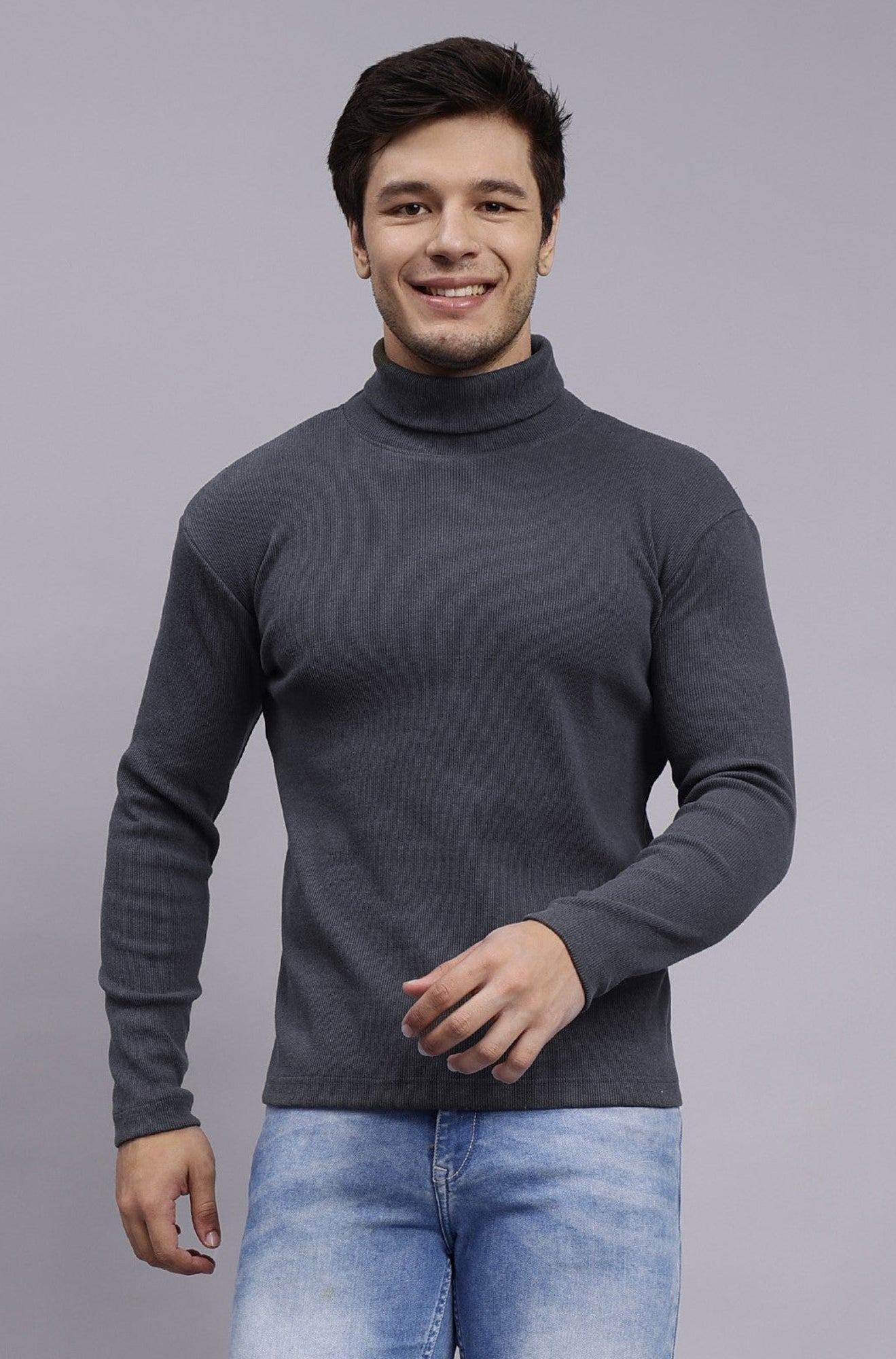 Sw100 SLIM FIT RIB-KNIT TURTLENECK SWEATER - Solid Grey