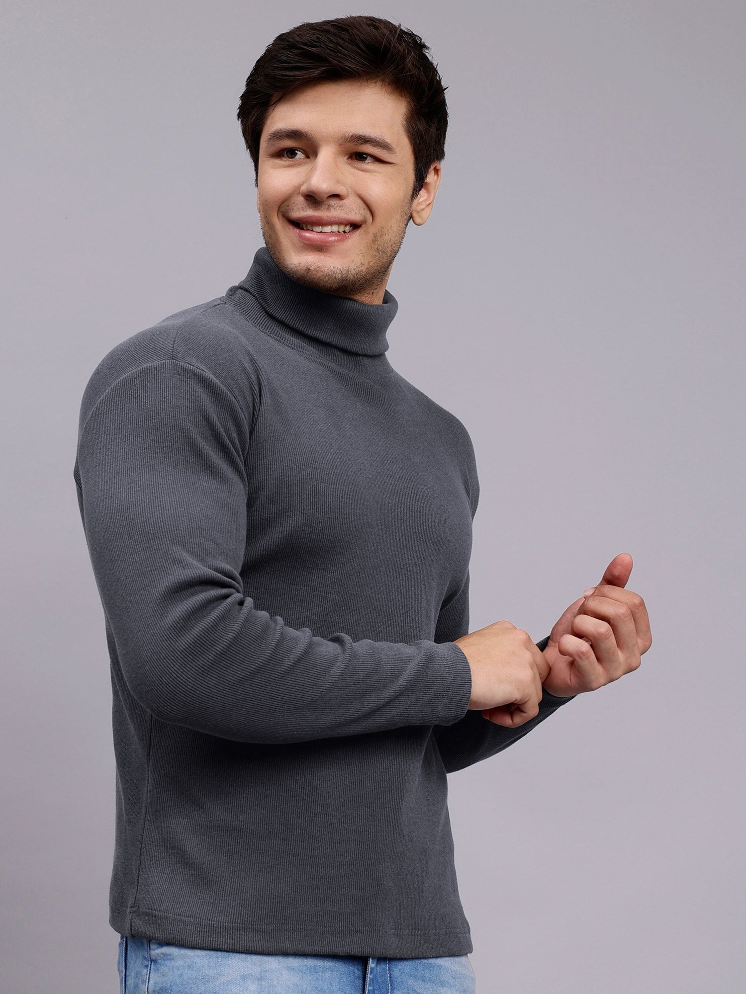 Sw100 SLIM FIT RIB-KNIT TURTLENECK SWEATER - Solid Grey