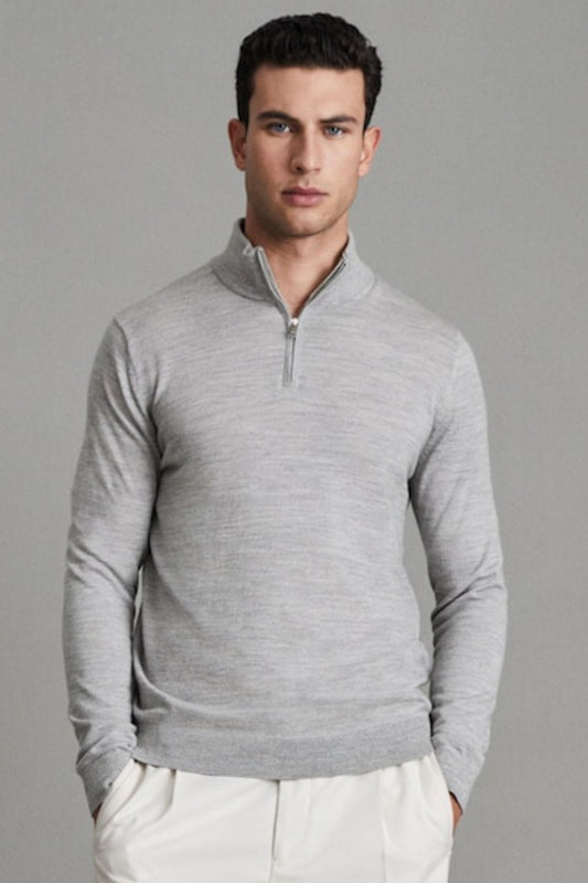 Sw11 Half-Zip Funnel Neck Ribbed Sweater - Heather Grey