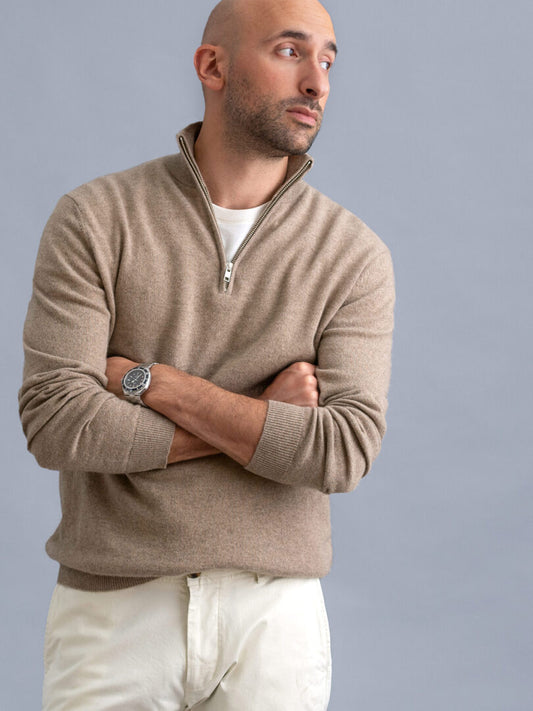 Quarter Zip Rib Knit Sweater - Ice grey