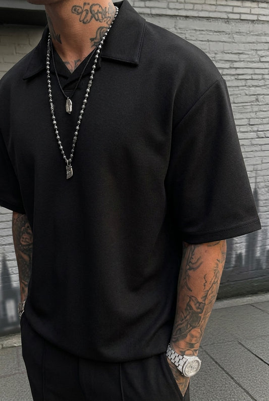Charlie Drop Shoulder Polo  - Black